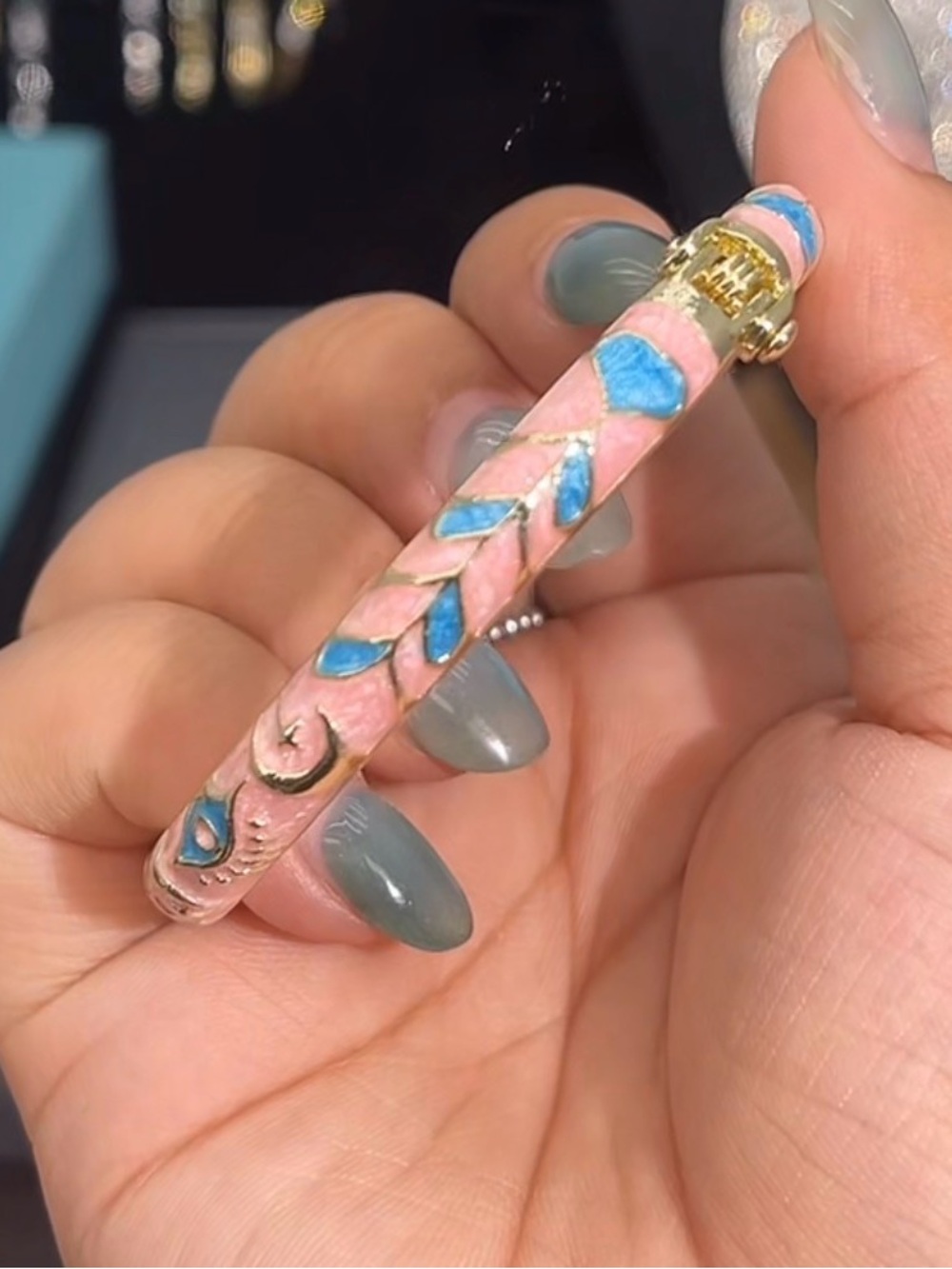 Pink and Blue Eye, Moon Enamel Hinged Bangle Bracelet